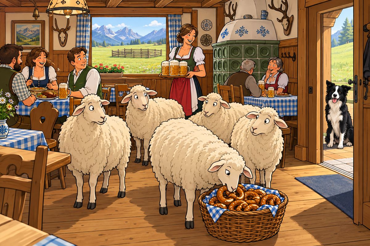 Cartoon: Eine Schafherde steht in einer bayerischen Gastwirtschaft zwischen Gästen, ein Border Collie sitzt in der Tür. Draußen die leere Weide.