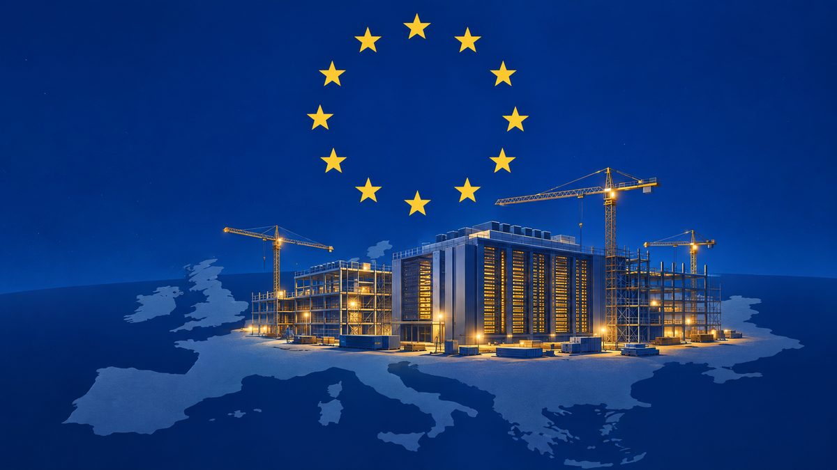 Illustration: Ein Rechenzentrum im Bau mit Baukr&auml;nen steht auf einer stilisierten Karte Europas, dar&uuml;ber der Sternenkranz der Europ&auml;ischen Union. KI-generiert.
