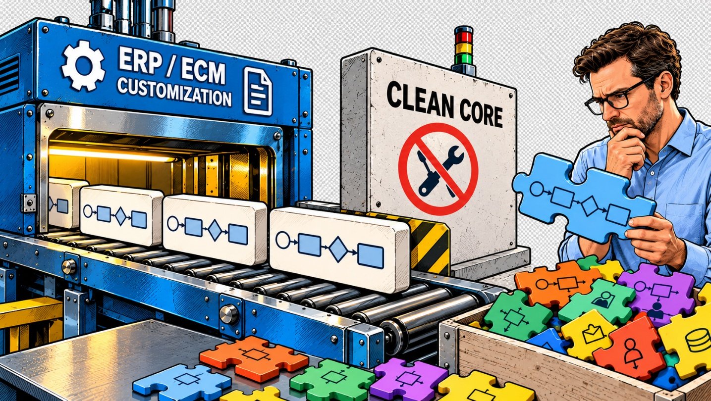 Zeichnung: Eine Maschine „ERP/ECM Customization“ stanzt gleichförmige Prozessbausteine, daneben ein Schild „Clean Core“ mit durchgestrichenem Werkzeug. Ein Mann betrachtet nachdenklich ein Puzzleteil mit einem Prozessdiagramm, vor ihm eine Kiste mit bunten Puzzleteilen.