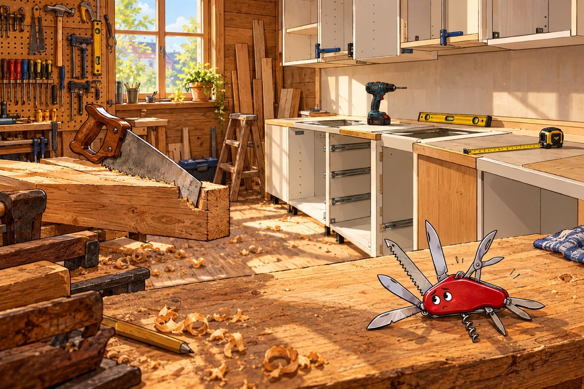 Cartoon: Eine Tischlerwerkstatt mit halbfertiger Einbauküche. Säge, Akkuschrauber, Wasserwaage und Maßband sind im Einsatz, ein aufgeklapptes rotes Taschenmesser liegt etwas verlegen auf der Werkbank.